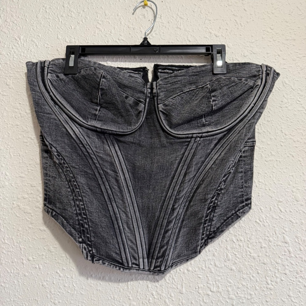 Fashion‎ Nova Black Grey Wash Denim Corset Top Bustier Zip Front women's 2X boho